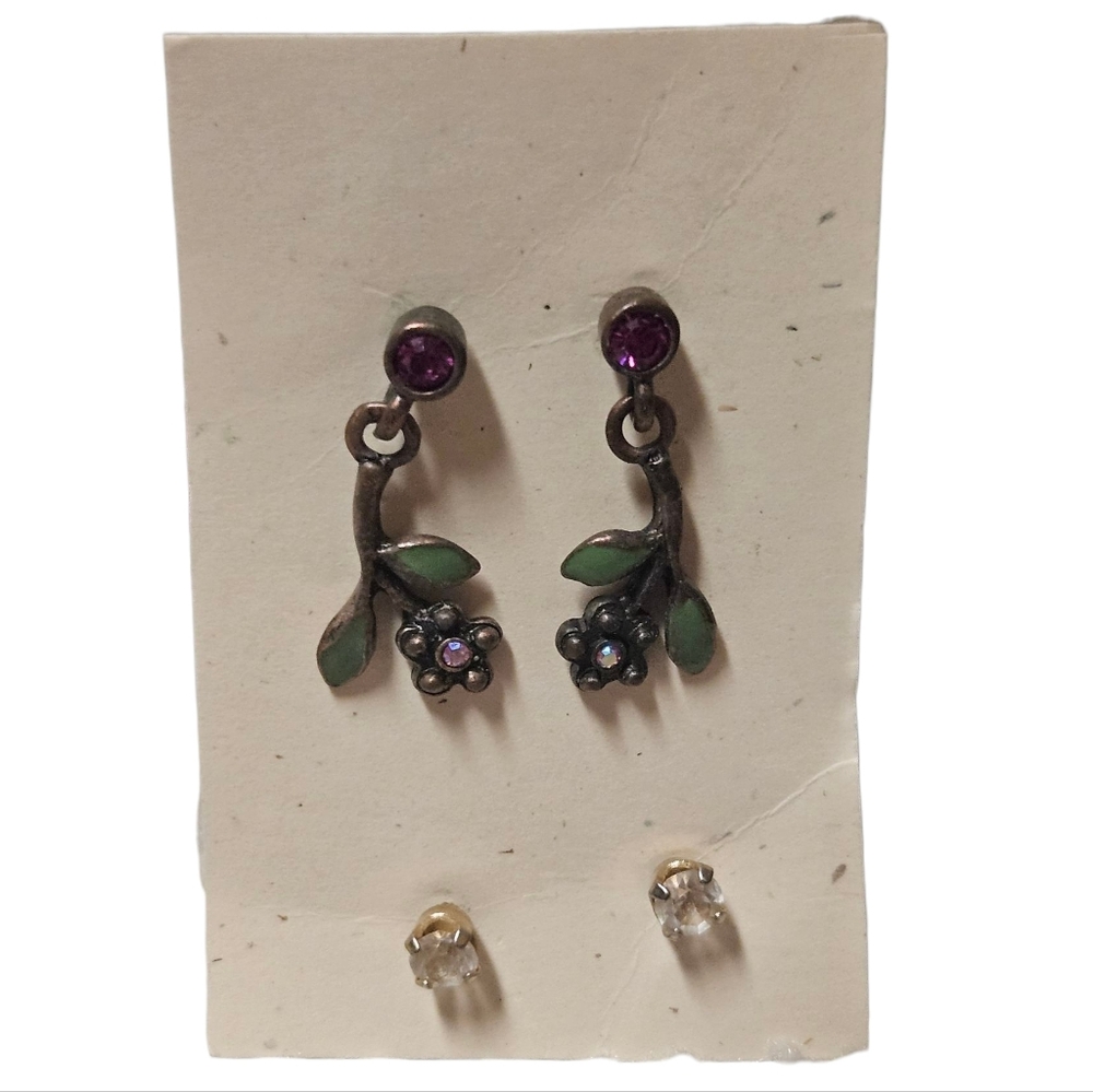 Vintage Floral & Gemstone Earring Set – Silver-Tone Drop with Rhinestone Studs